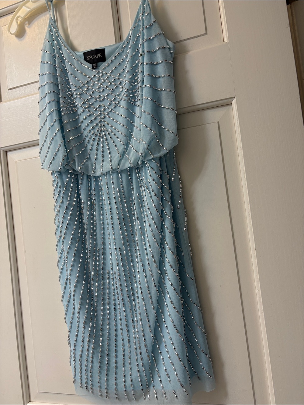 Xscape Pale Blue Beaded Spaghetti Strap Cocktail Dress